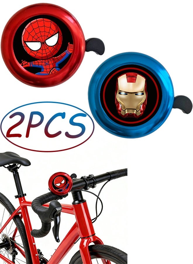 2 قطعة جرس دراجة كرتوني سبايدرمان آيرونمان للأطفال والكبار من الألومنيوم بصوت عالٍ وواضح جرس عالمي مناسب للدراجات والدراجات البخارية إكسسوارات دراجات عملية للفتيات والفتيان للاستخدام اليومي - Image 1